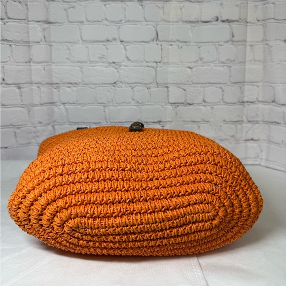 KURT GEIGER Hampton Raffia and Leather Shoulder Tote Bag Orange Brass Eagle Head - Picture 9 of 16